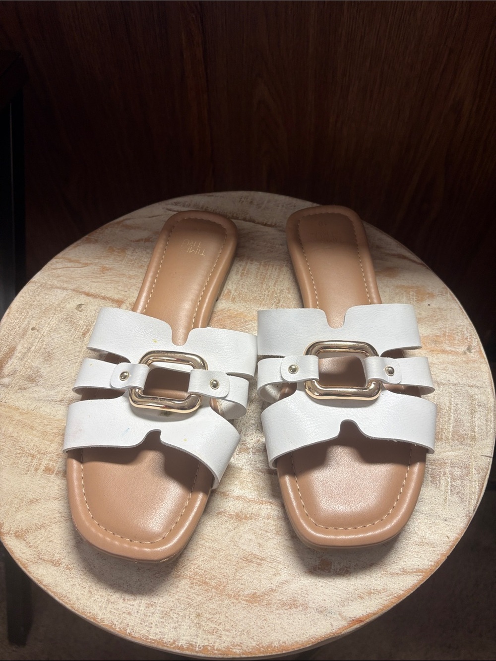 Time and Tru White Slide Sandals with Gold Buckle